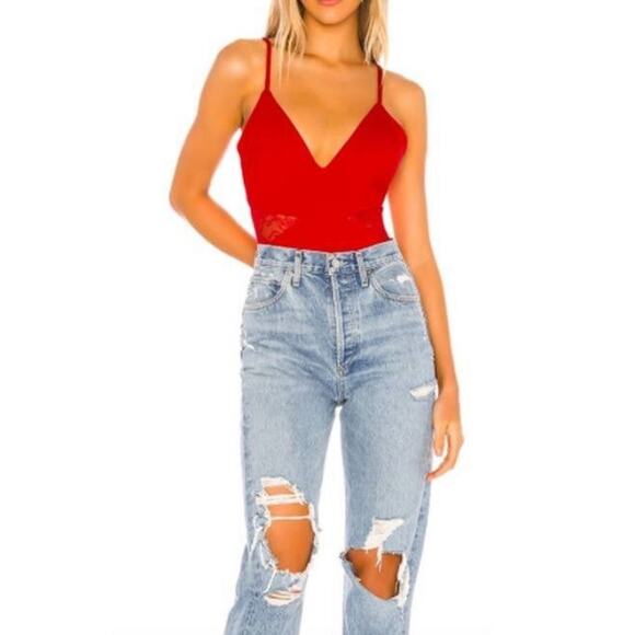 Lovers + Friends Revolve Kerrie Bodysuit Cherry Red Women’s Medium Lace Cut Out - Picture 12 of 12